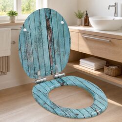 Turquoise Toilet Seat with Soft Close Lid - Old Wood Look