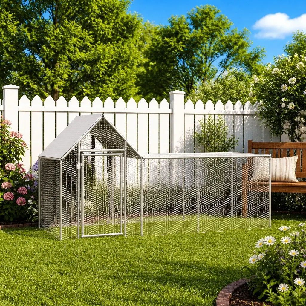 Chicken Coop Galvanised Steel 3x1x1.5m Silver