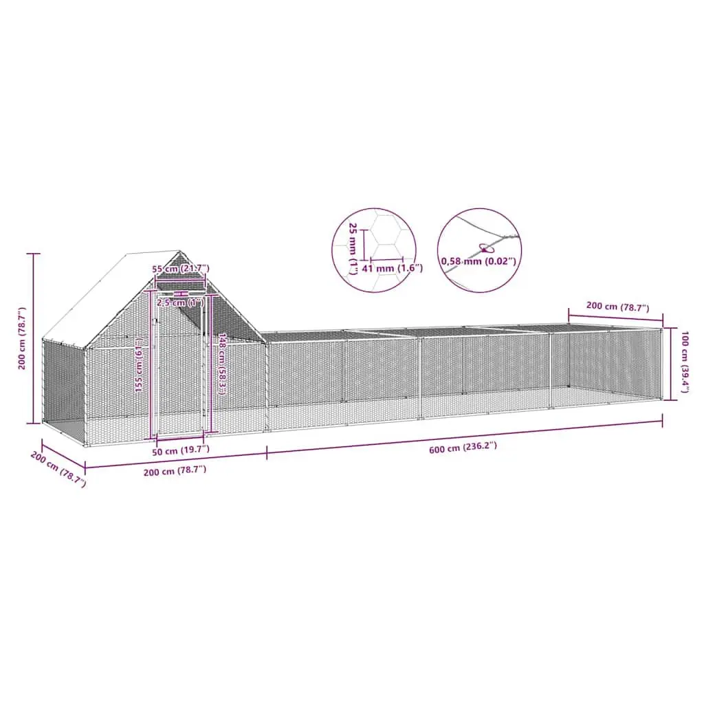 Chicken Coop Galvanised Steel 8x2x2m Silver