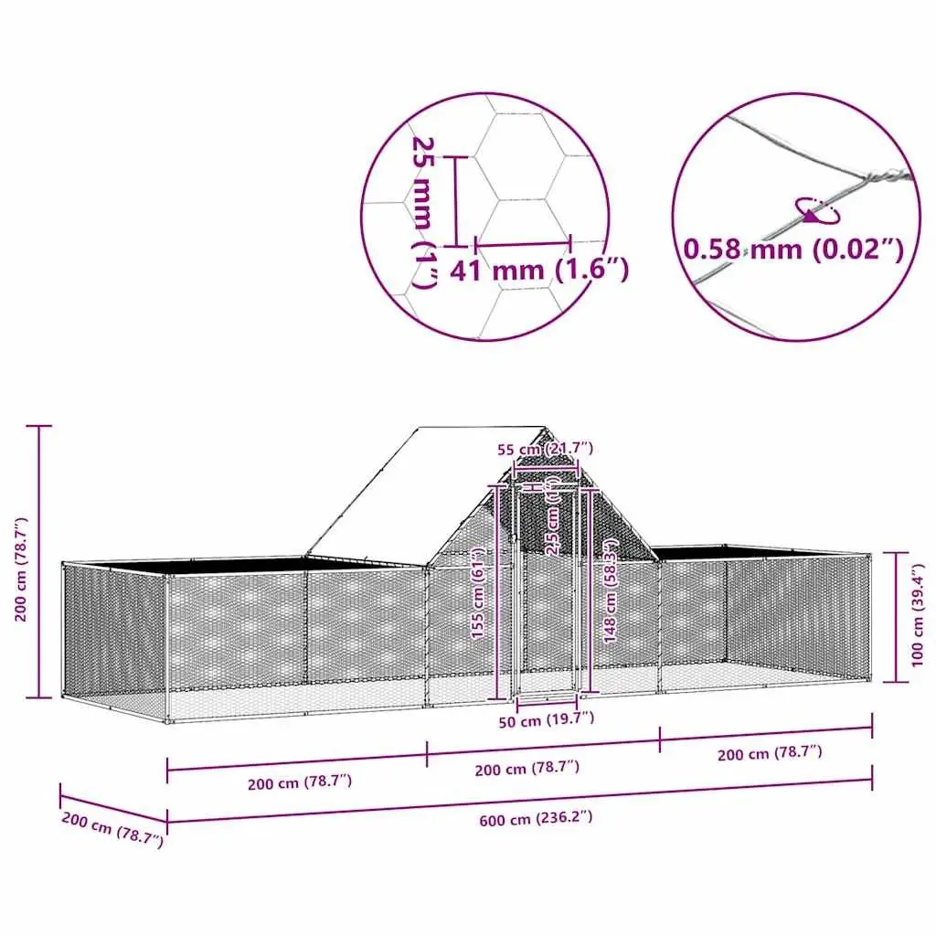 Chicken Coop Galvanised Steel 6x2x2m Silver