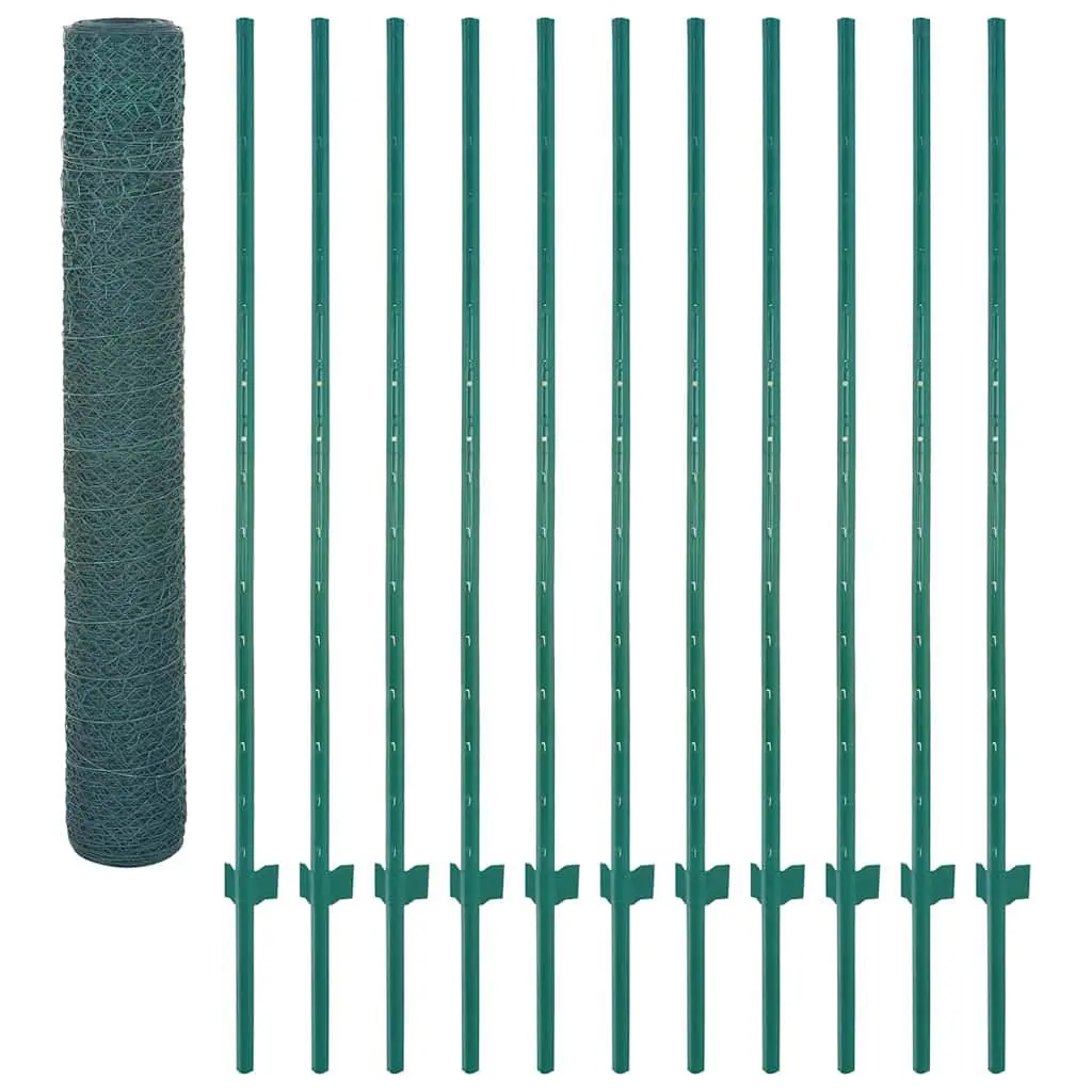 Wire Mesh Fence Panel Green 25x2m Steel Posts Garden Backyard Poultry Farm