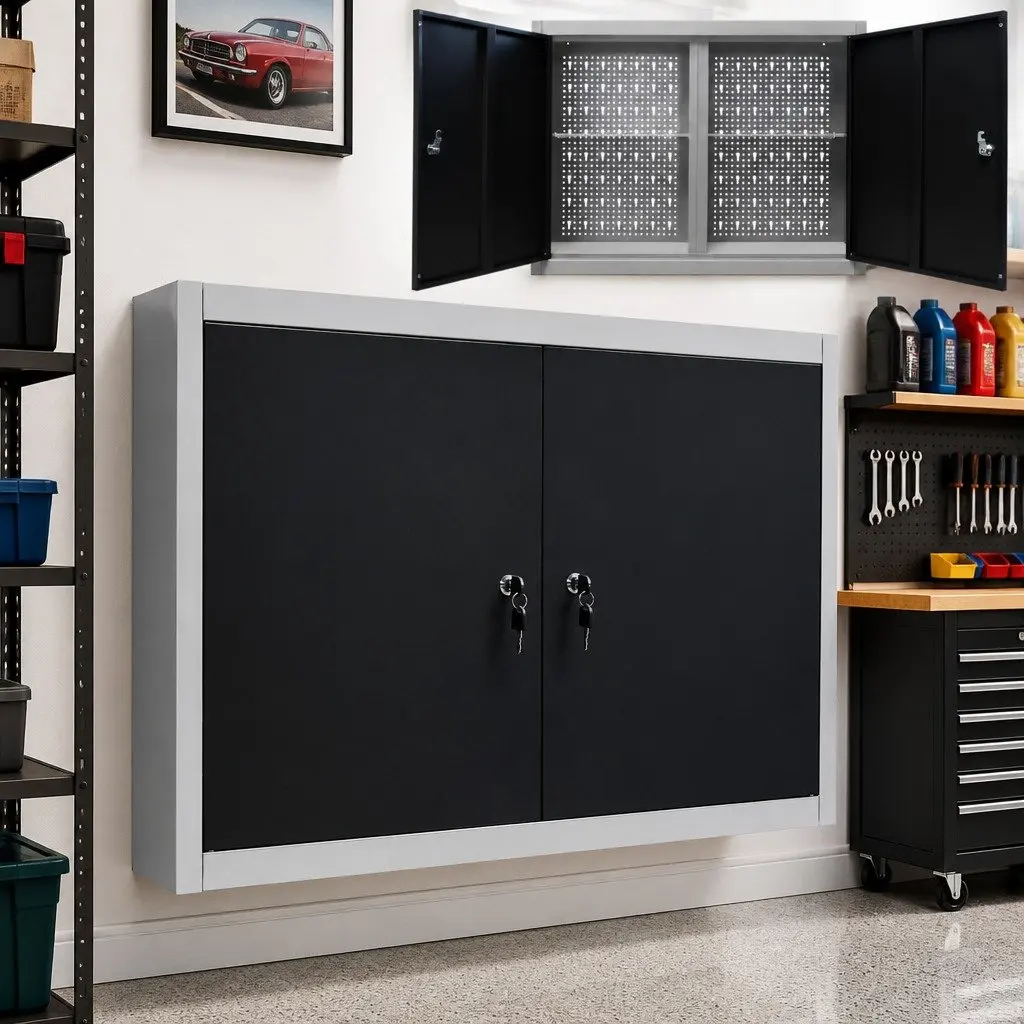 Wall Mounted Tool Cabinet Industrial Storage Metal Grey Black Lockable Doors