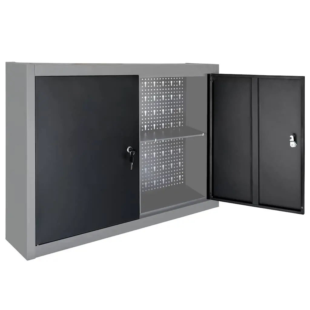 Wall Mounted Tool Cabinet Industrial Storage Metal Grey Black Lockable Doors