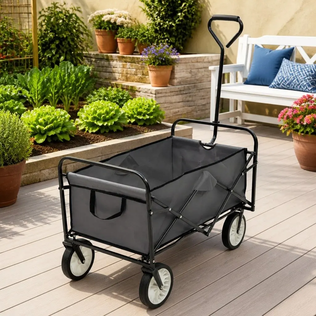 Folding Hand Trolley Garden Wagon Steel Frame Oxford Fabric 75kg Capacity