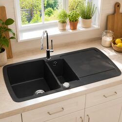 Double Basin Kitchen Sink Black Granite Drainer Reversible Space Saver Durable