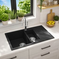 Durable Double Basin Kitchen Sink in Black Granite