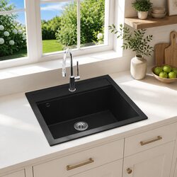 Kitchen Sink Single Basin Black Granite Drainer Reversible Space Saver