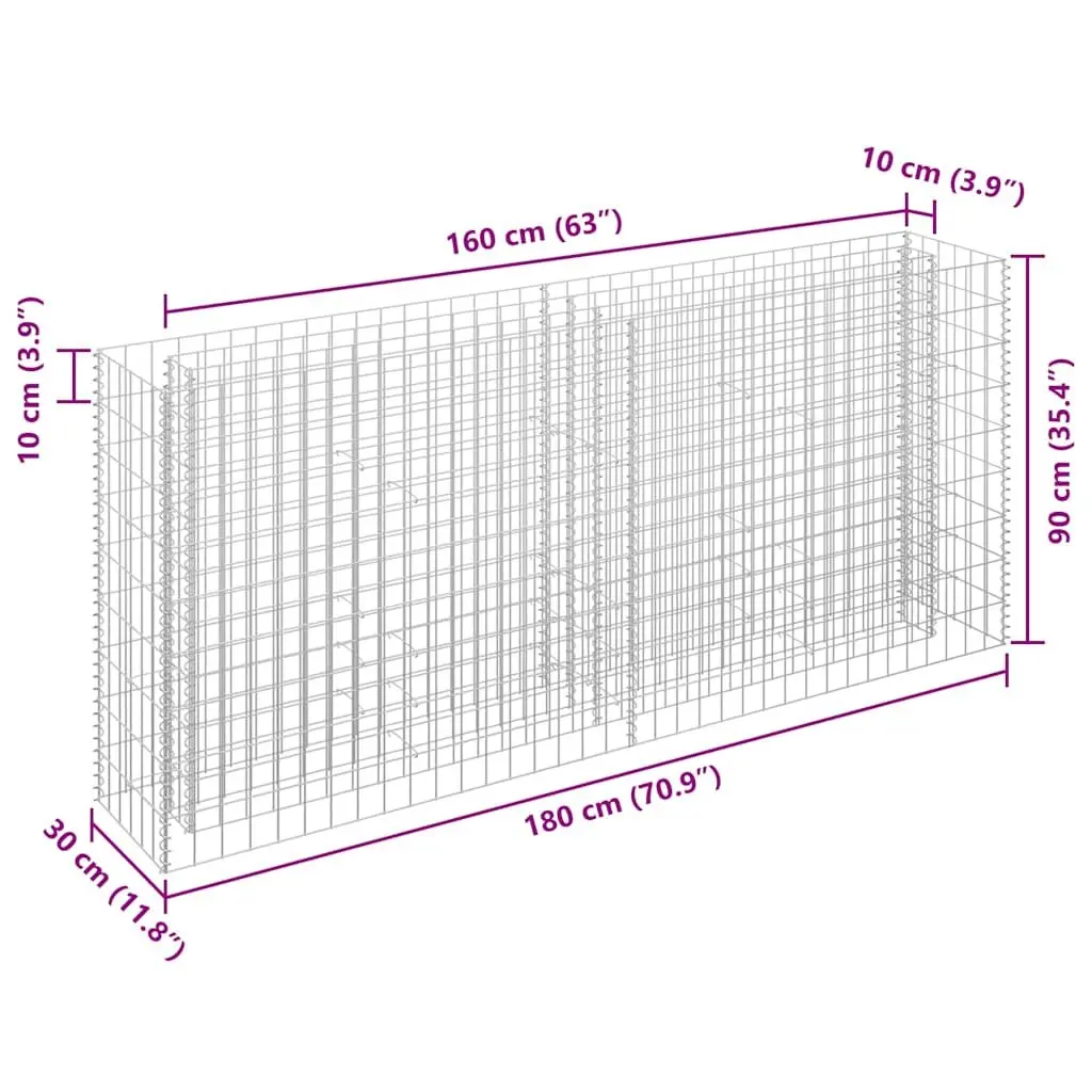 Gabion Raised Bed Galvanised Steel 180x30x90cm Silver