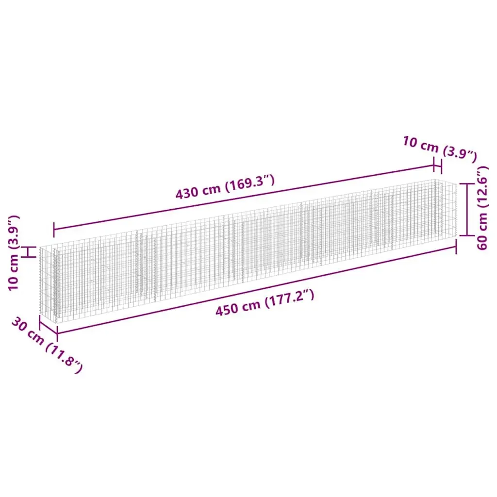 Gabion Raised Bed Galvanised Steel 450x30x60cm Silver Garden Planter Border Box