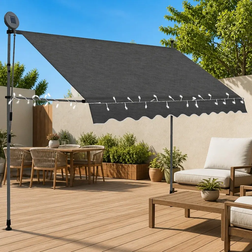 250cm Manual Retractable Awning with Solar Lights