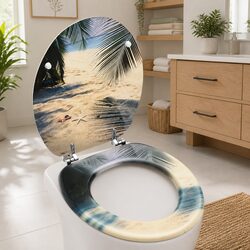 Toilet Seat with Lid MDF Multicolour Beach Design Bathroom Fixture Durable