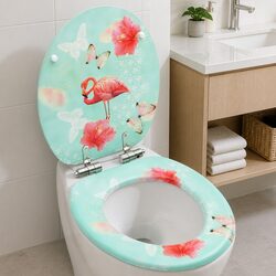 Durable Toilet Seat with Soft Close Lid, Flamingo Design
