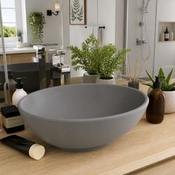 Ceramic Matt Grey Oval Bathroom Sink 40x33cm