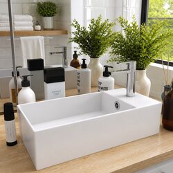 Ceramic Bathroom Basin White Matt Overflow Countertop Sink Washbasin Fixture