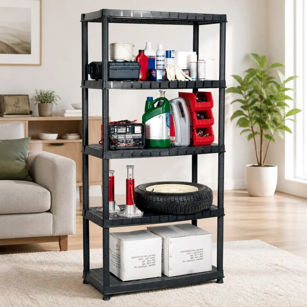 5-Tier Black Plastic Bookshelf for Organizing