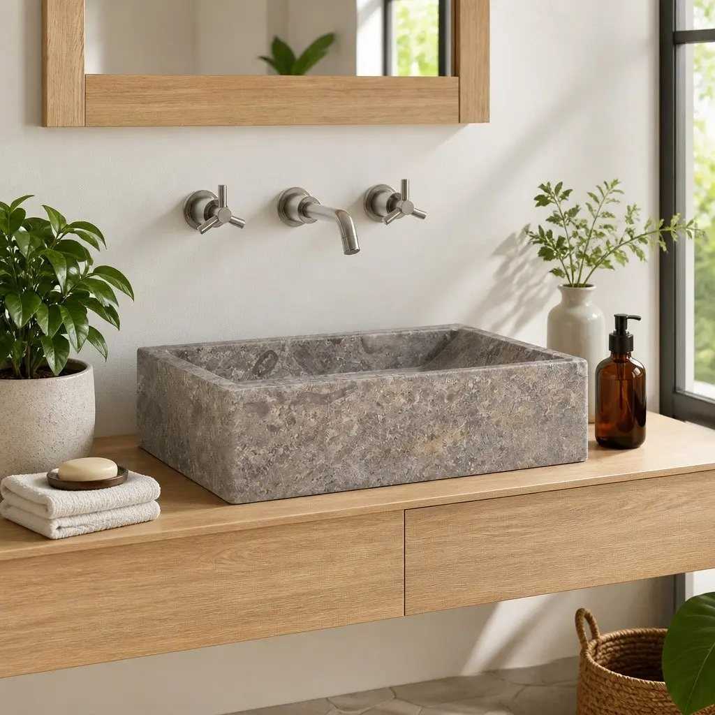High Gloss Grey Marble Bathroom Basin Sink 45x30x12cm