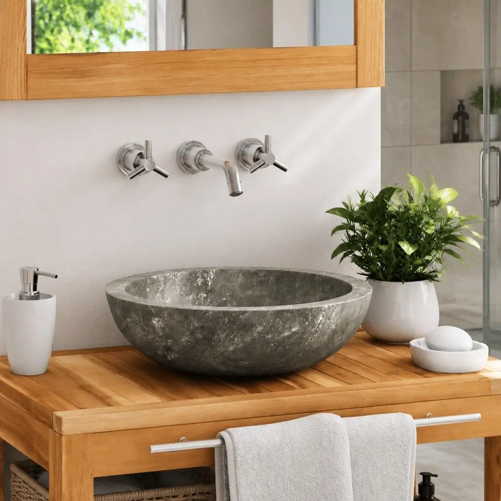 Handmade Round Grey Marble Bathroom Sink 40cm Diameter