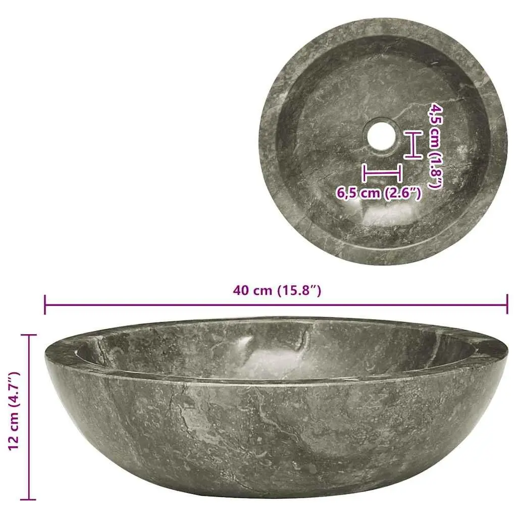 Bathroom Sink Handmade Natural Stone Round Grey Marble 40cm Diameter