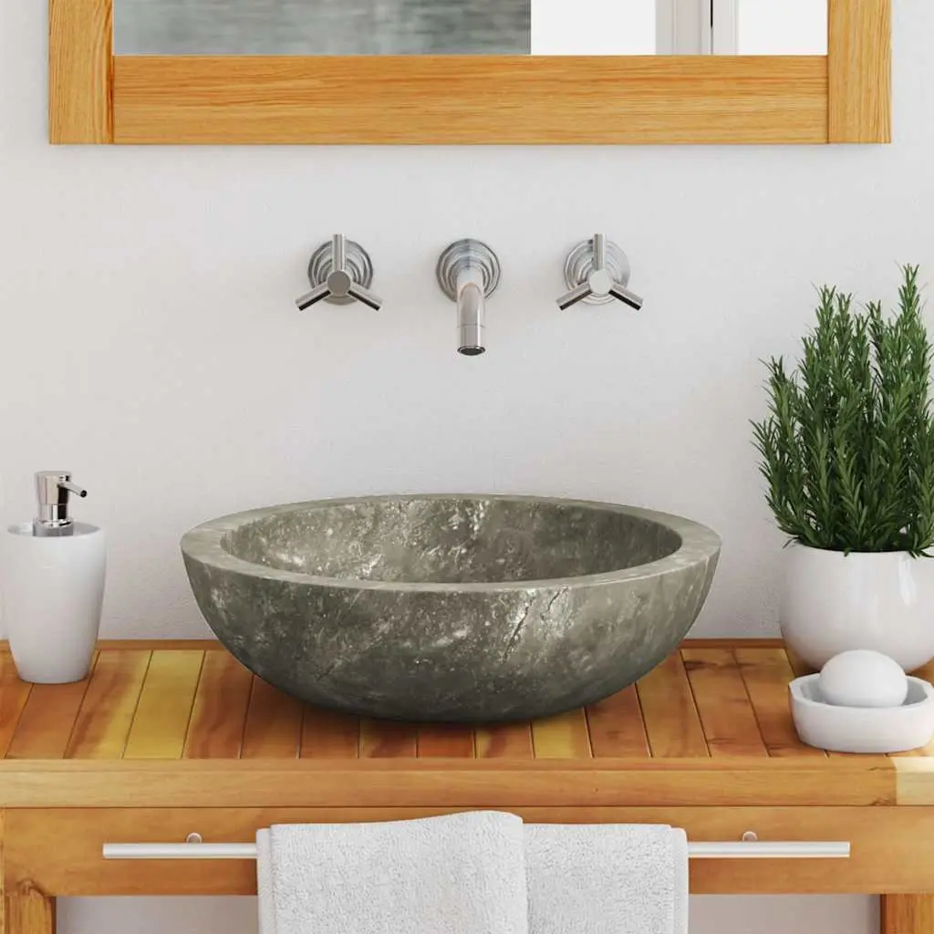 Bathroom Sink Handmade Natural Stone Round Grey Marble 40cm Diameter