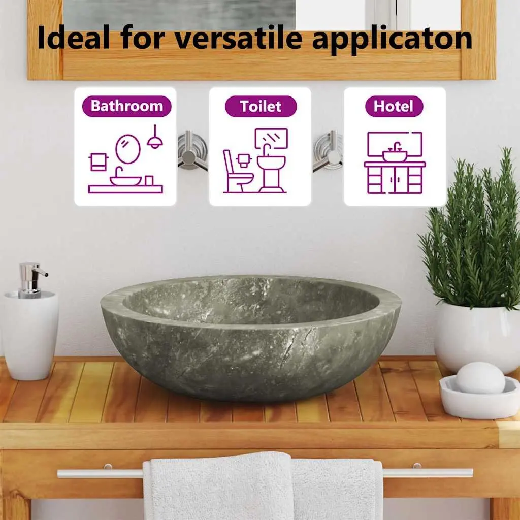 Bathroom Sink Handmade Natural Stone Round Grey Marble 40cm Diameter