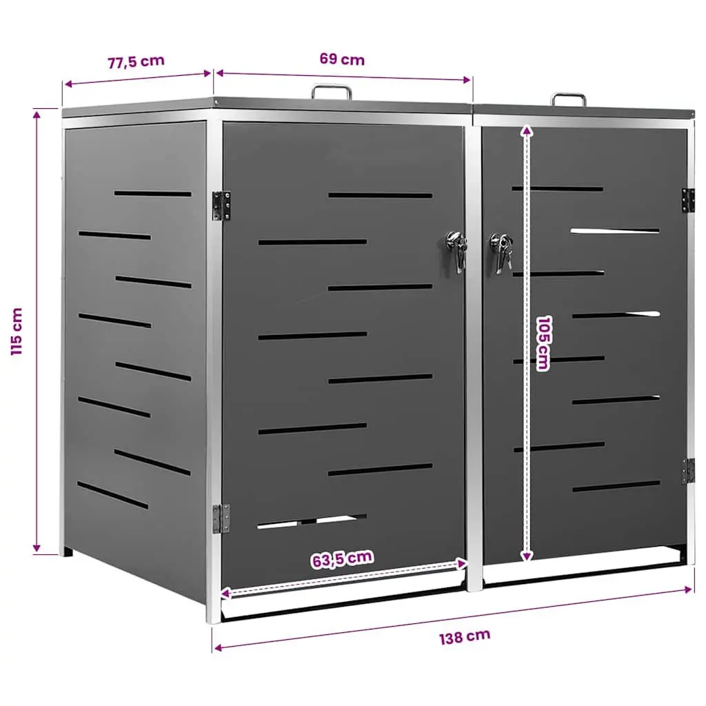 Double Wheelie Bin Shed Stainless Steel Galvanised Steel 138x77.5x115cm Anthracite