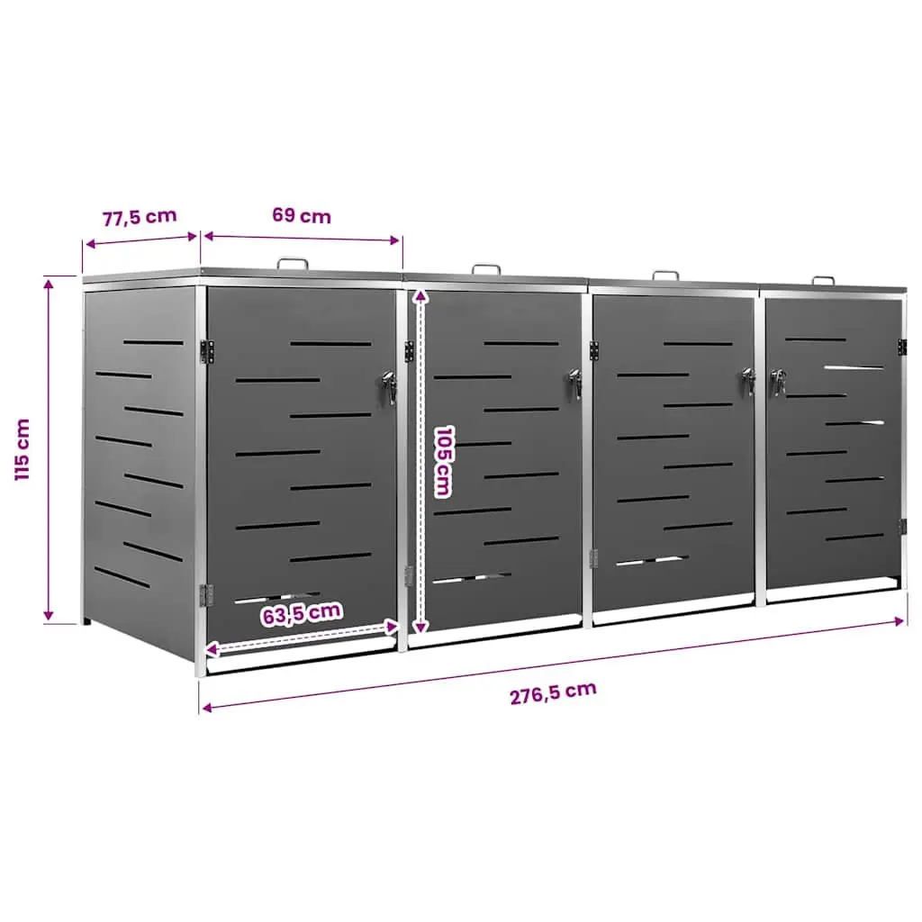 Quadruple Wheelie Bin Shed Galvanised Steel Stainless Steel Anthracite 276.5 x 77.5 x 115 cm