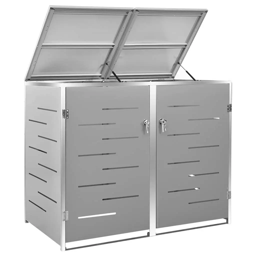 Double Wheelie Bin Shed Stainless Steel Frame Galvanised Steel Panels Grey 138 x 77.5 x 115 cm