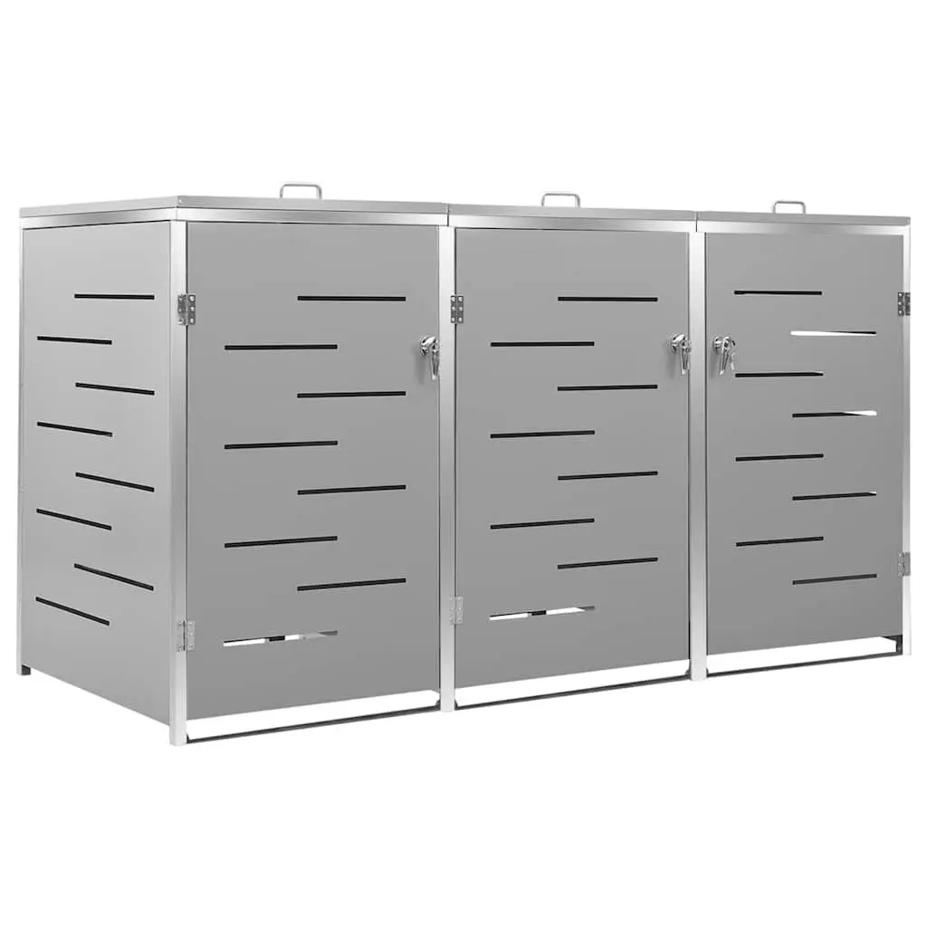 Triple Wheelie Bin Shed Galvanised Steel Stainless Steel 207x77.5x115cm Grey