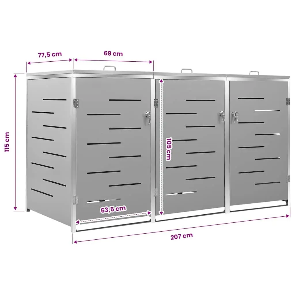 Triple Wheelie Bin Shed Galvanised Steel Stainless Steel 207x77.5x115cm Grey