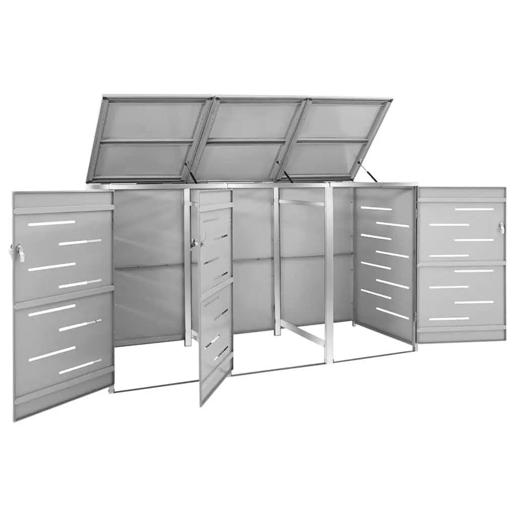 Triple Wheelie Bin Shed Galvanised Steel Stainless Steel 207x77.5x115cm Grey