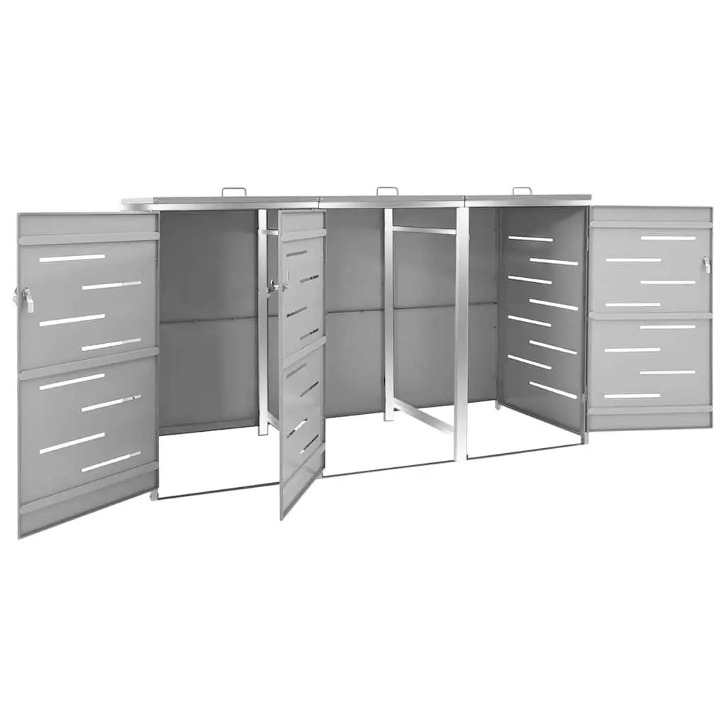 Triple Wheelie Bin Shed Galvanised Steel Stainless Steel 207x77.5x115cm Grey