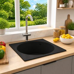 Kitchen Sink Single Basin Black Granite Above Mount Counter Top Overflow Hole