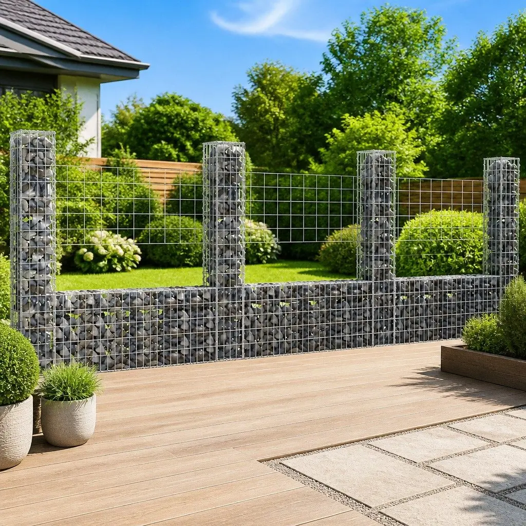 Gabion Basket Fence Panel U-Shape 380x20x150cm Welded Mesh Silver with 4 Posts for Retaining Wall Garden Applications