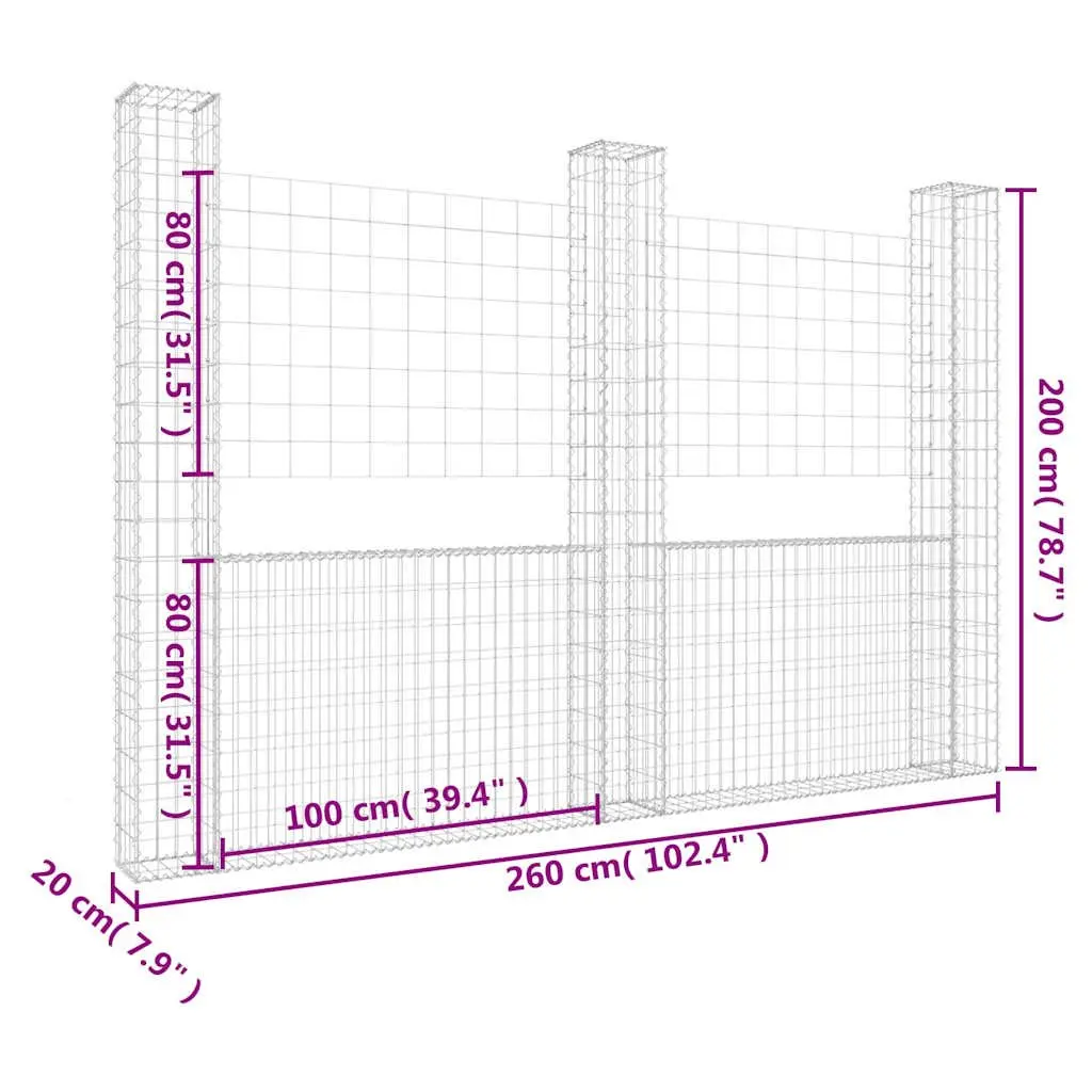 U-Shape Gabion Basket Iron 260x20x200cm Silver with 3 Posts