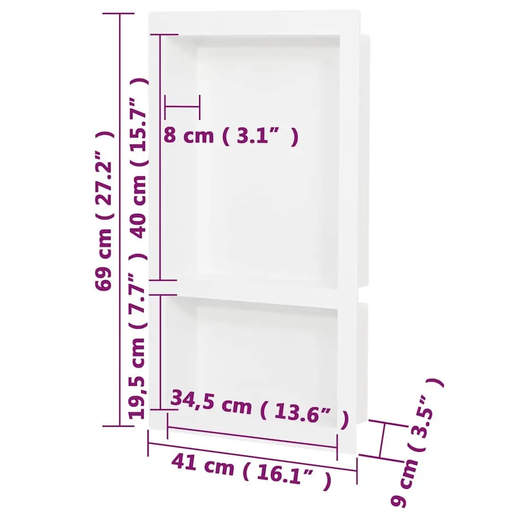 Shower Niche 2 Compartments White Bathroom Storage Wall Mounted Shelf Unit