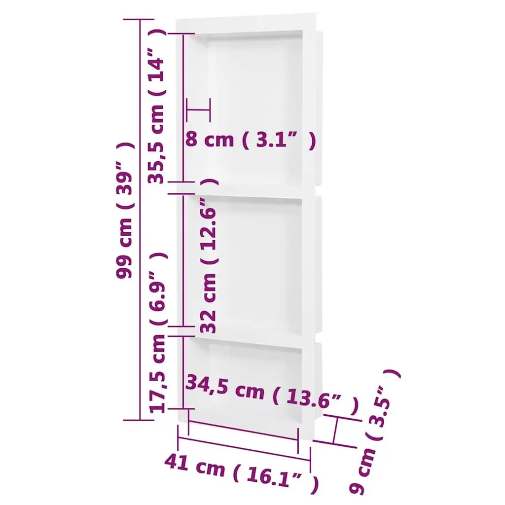 High Gloss White Shower Niche with 3 Compartments