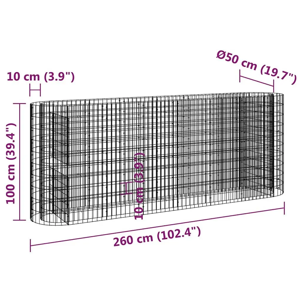 Gabion Raised Bed Galvanised Iron 260 x 50 x 100 cm Silver Garden Planter Flower Border