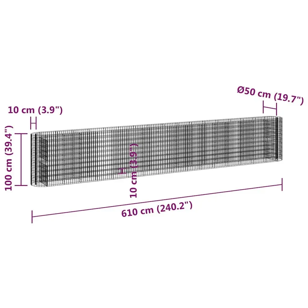Gabion Raised Bed Galvanised Iron 610x50x100cm Silver