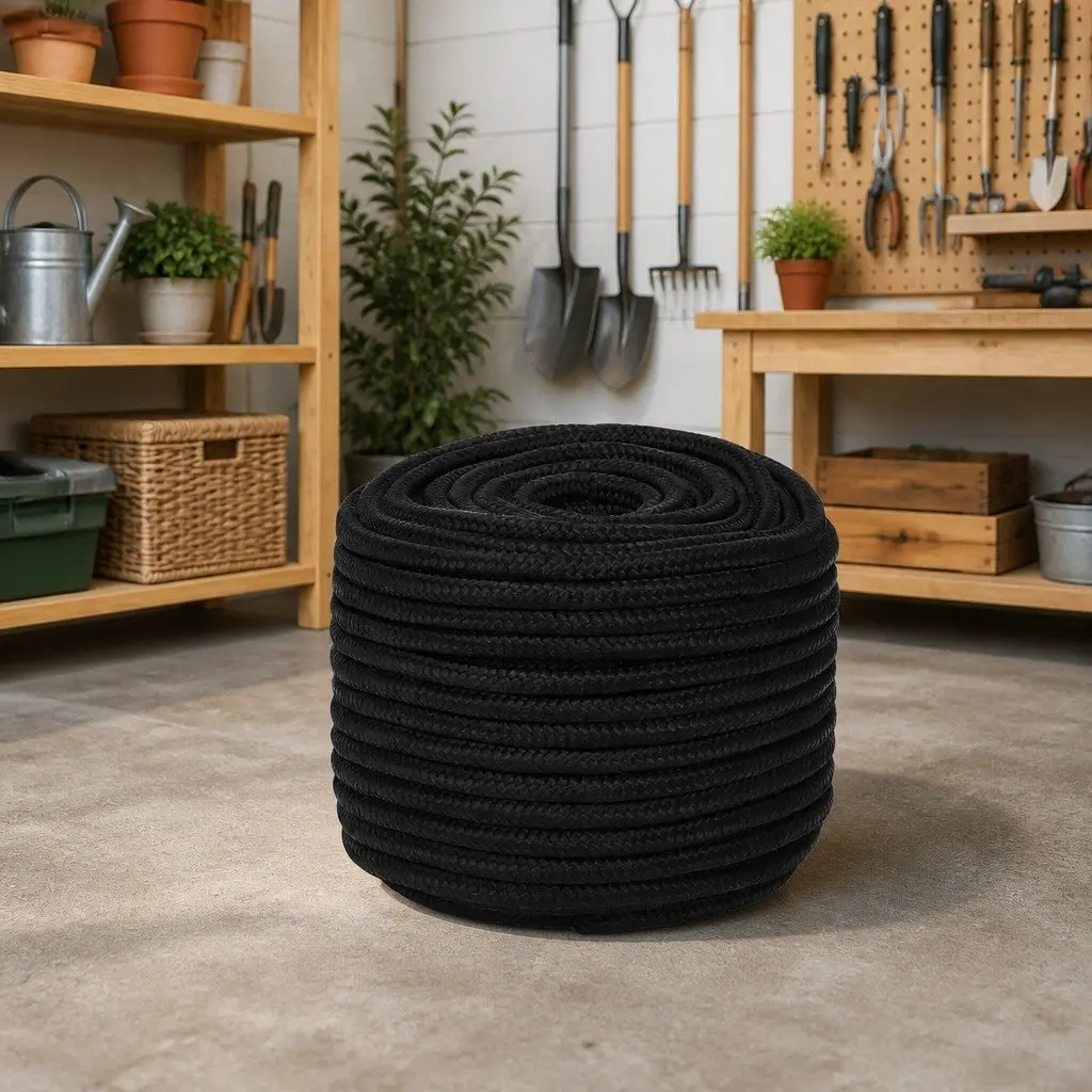 Work Rope Black 12mm 50m Braided Polyester Cord General Purpose Utility