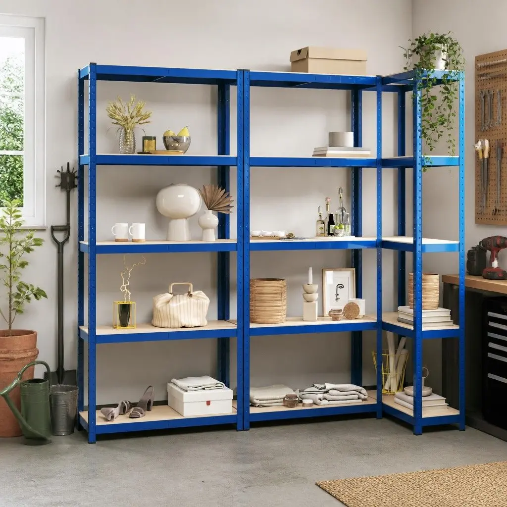 5-Layer Storage Shelves, 3 pcs Blue Steel Engineered Wood