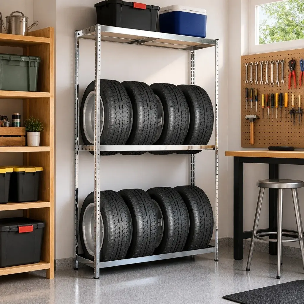 2-Layer Tire Rack for Garage Storage Silver Steel