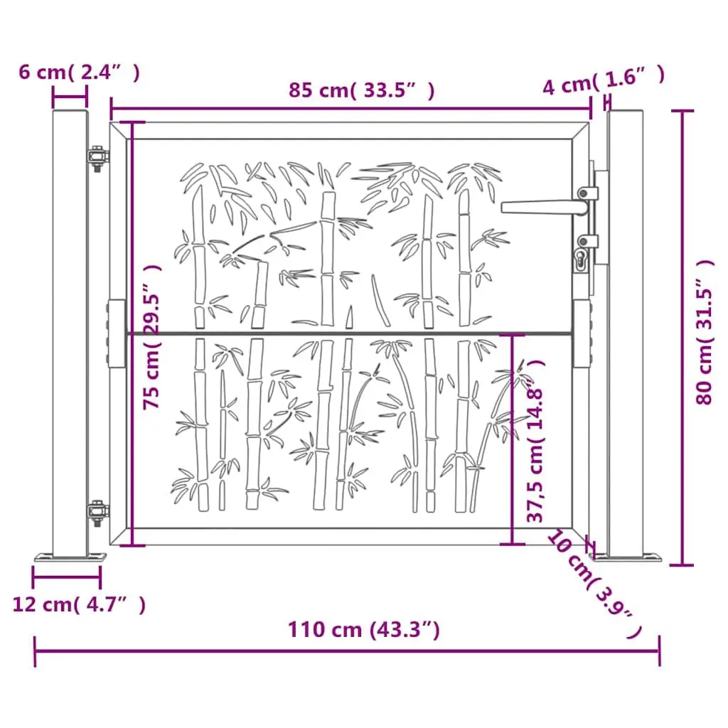 Garden Gate Anthracite 100x75cm Steel Bamboo Design Laser-cut Lockable Outdoor