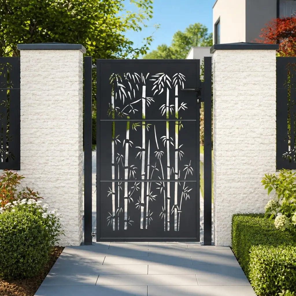 Garden Gate Anthracite 100x125cm Steel Bamboo Laser-Cut Design Lockable Entrance