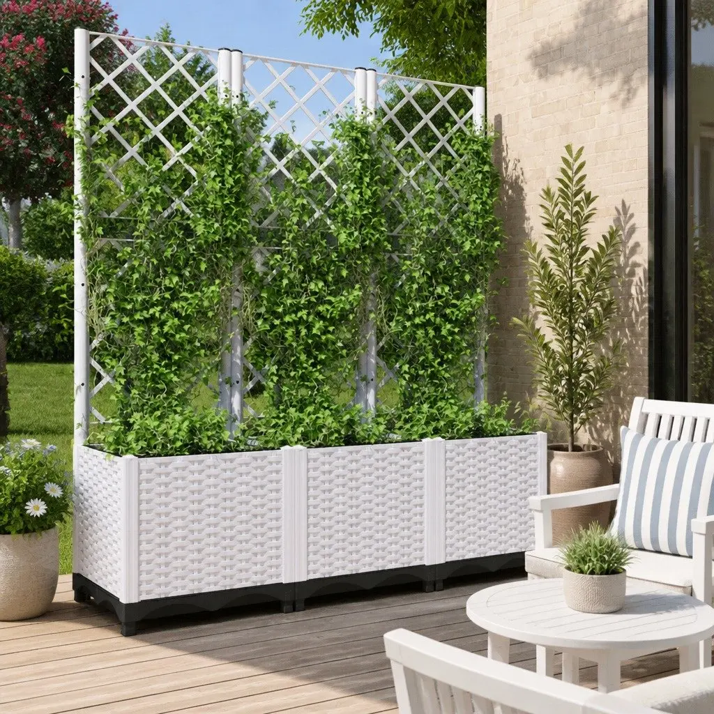 White Garden Planter with Trellis for Climbing Plants
