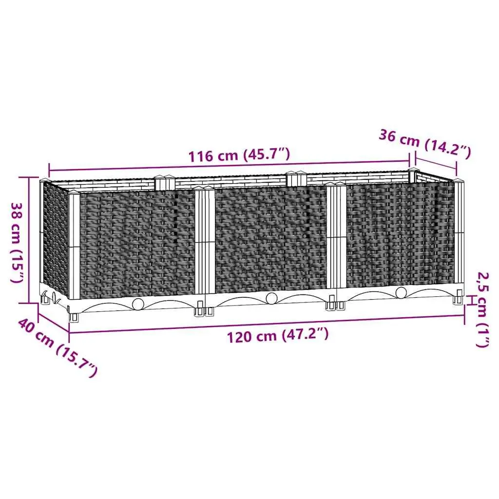 Grey Polypropylene Raised Garden Bed 120x40x38cm