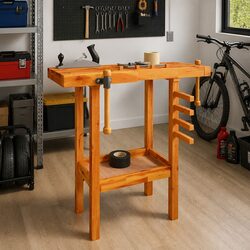 Durable Solid Wood Workbench with Vices for Garage