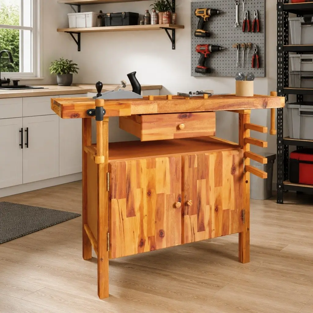 Wooden Workbench with Drawer Storage Compartment Solid Acacia Wood 124x52x83cm