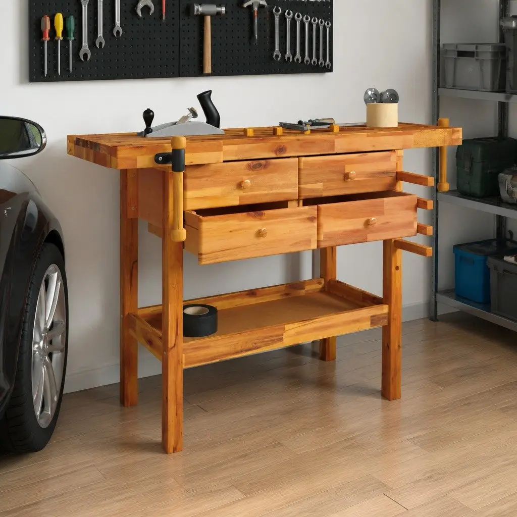 Solid Wood Workbench with Drawers and Vices
