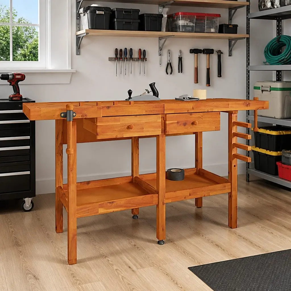 Solid Wood Workbench with Dual Vices 162x62x83cm
