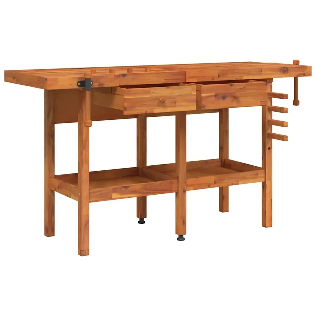 Workbench Solid Acacia Wood 162x62x83cm Brown with 2 Drawers Shelf and Dual Vices